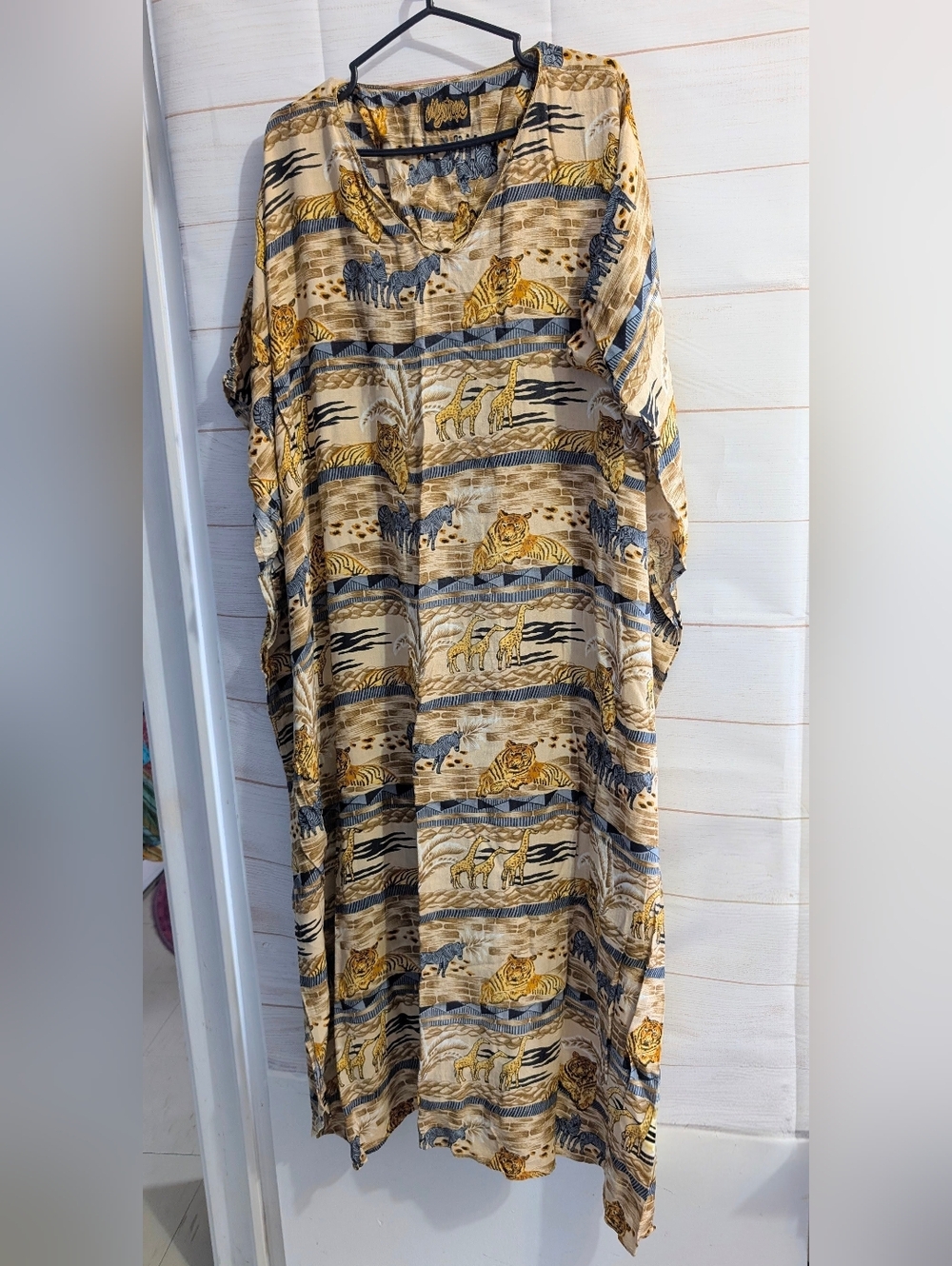 Vintage Rare Mystique Boho Safari Print Maxi Dress Mumu Kaftan in Beige & Gold